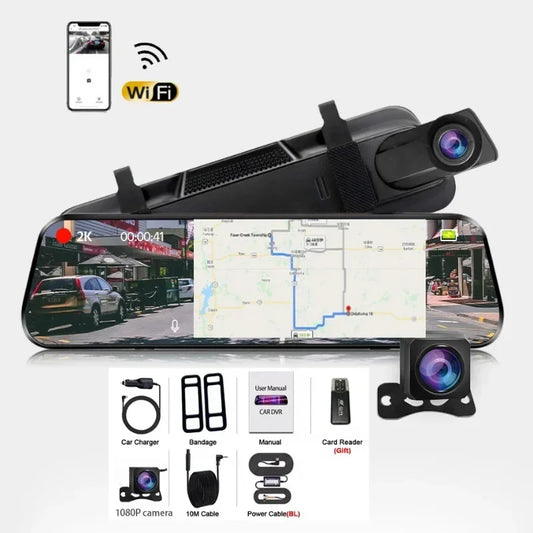 2K Touchscreen Mirror Dash Cam with GPS Wifi 1440P Video Recorder Rearview Mirror Camera for Car 24H Parking Mode